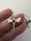 Vintage 925 Sterling Silver Amber DRAGONFLY Dangle Drop EARRINGS — photo 9
