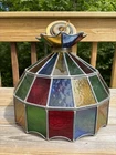 Mid-Century Tiffany Style Metal Chain Hanging Stained Glass Light Lamp Vintage