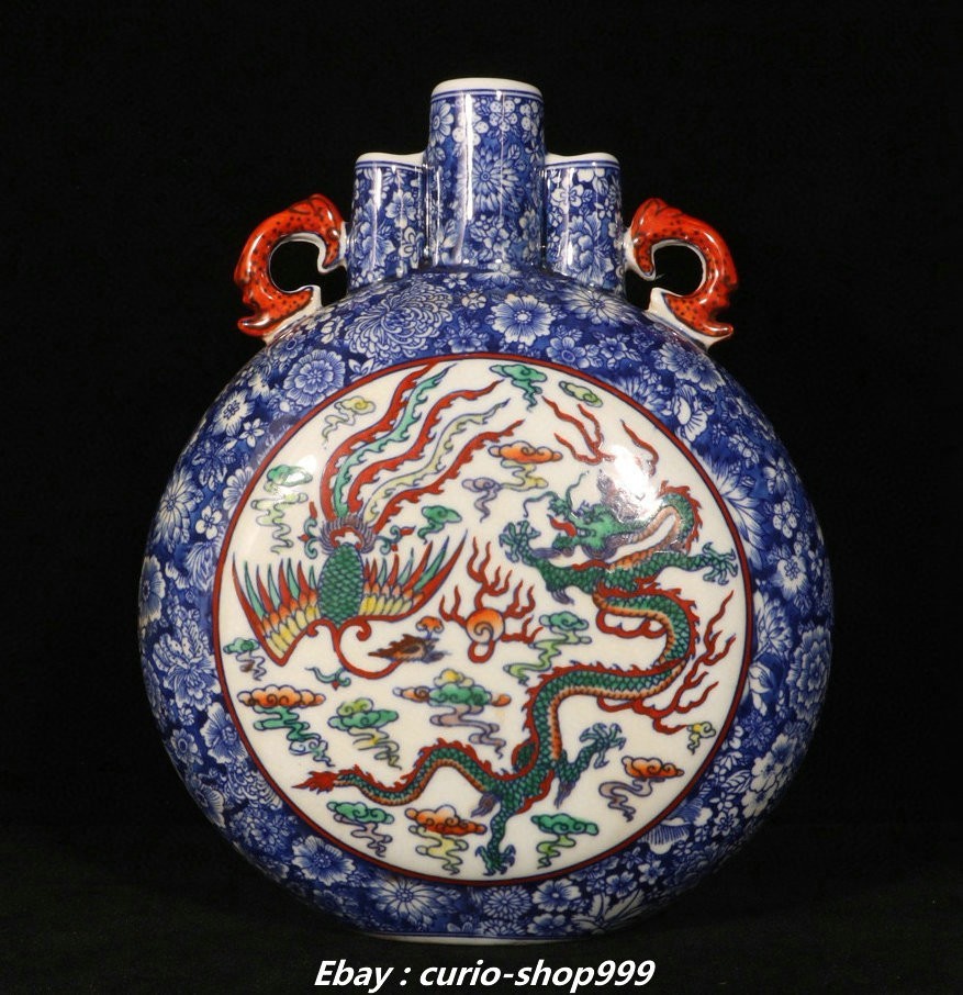 11'' Qianlong Dynasty Blue White Porcelain Dragon Phoenix Pattern Bottle Vase