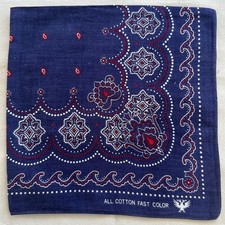 VTG Bandana Blue Cotton Geometric Floral Border Wave Handkerchief Kerchief 20"