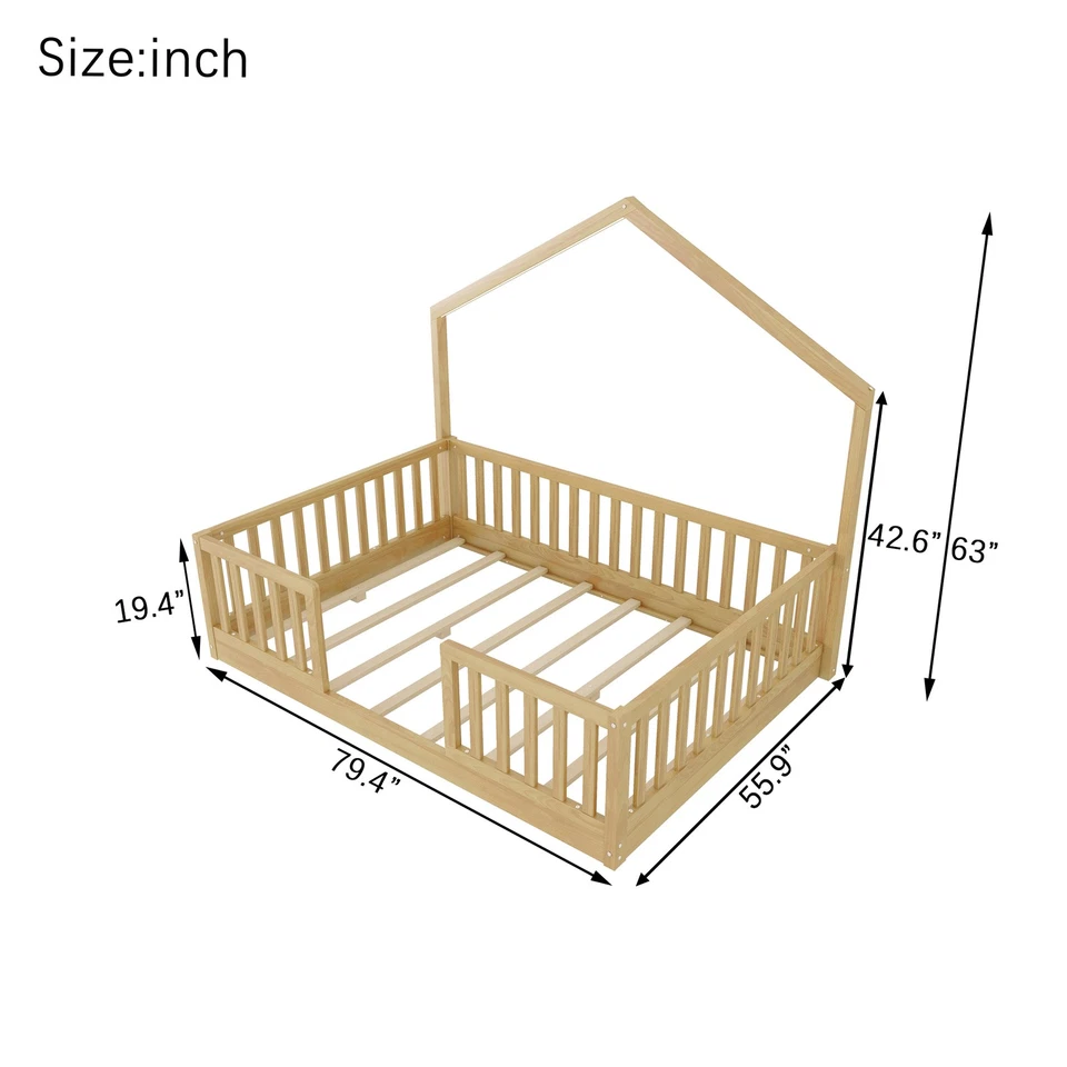 Full Floor Bed with High Rails, Wooden Montessori Bed with Light for Kids - Image 4 of 4