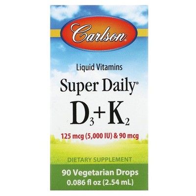 2 X Carlson, Super Daily D3 + K2, 125 mcg (5,000 IU) & 90 mcg, 90 Vegetarian Dro