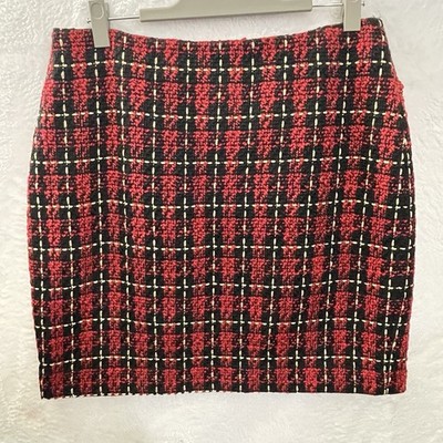 Boston Proper Metallic Tweed Plaid Skirt Boucle Christmas Red/Black/Gold Size 14