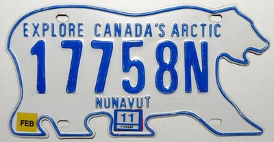 Canada Nummernschild NUNAVUT '' EXPLORE CANADA´S ARCTIC'' Bärenform. Sticker 2011.