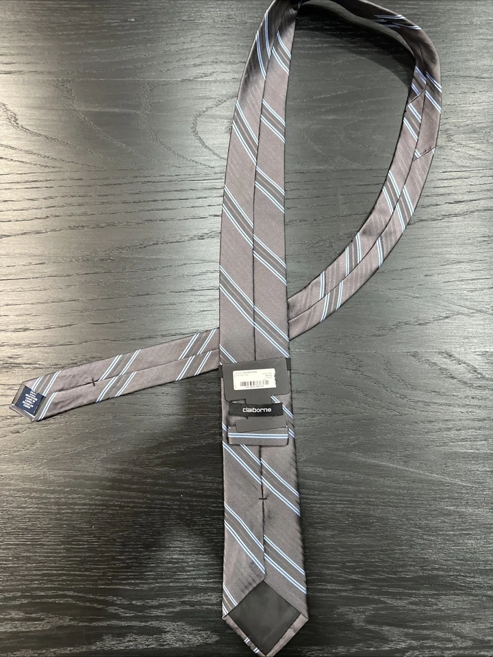 Claiborne Men's Silk Tie Grey With Blue Stripes Brand New With Tags - Image 2 of 4