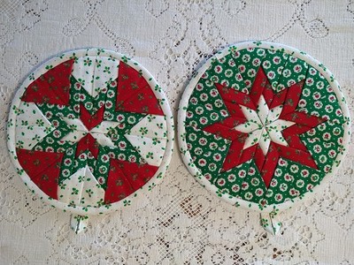 Set of 2 Artisan Made Quilted Pot Holders Potholder Hot Pads Folded Fabric Star