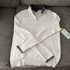 Michael Kors Mens White/Grey Accent Long Sleeve Cotton Quarter Zip Size Medium
