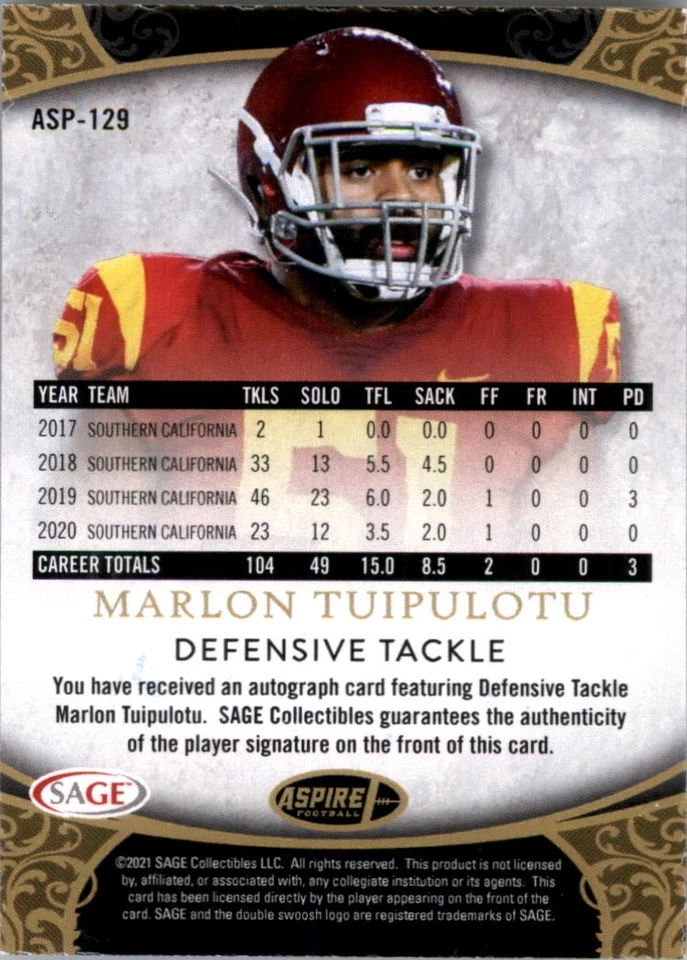 2021 SAGE Aspire Rainbow #ASP129 Marlon Tuipulotu Auto - FB - Image 2 of 2