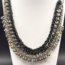 Vintage Y2K Black Cord Chain Dangle Beaded Statement Necklace Mixed Metal Boho