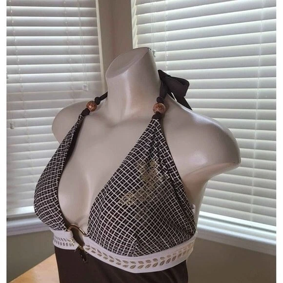 Traje de baño Sand N Sun para mujer de una pieza marrón tostado con cuentas atado cuello y cintura talla L Foto 2 de 4