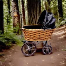 VTG. Baby Doll Carriage Stroller Buggy Victorian Style Wicker Canvas 18" W 17"