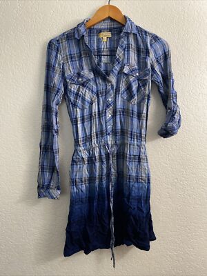 Princess Vera Wang Women's XS Tunic Blouse Blue Plaid Pullover Pockets T20 