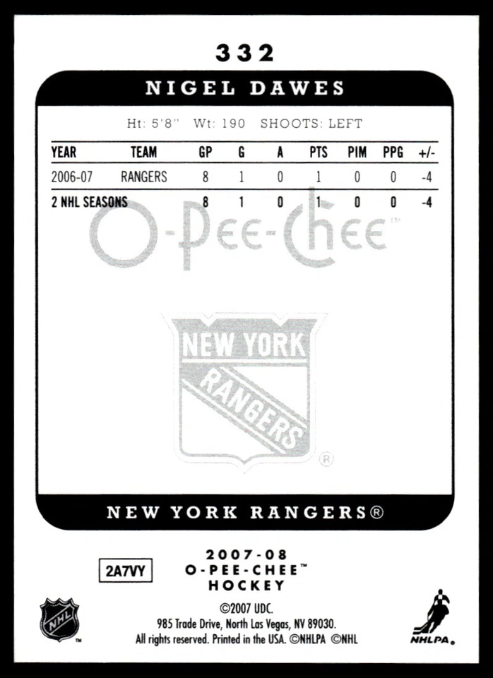 2007-08 O-Pee-Chee MICROMOTION Nigel Dawes New York Rangers #332 R56 - Image 2 of 2