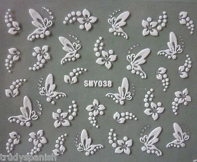 3D Nail Art Stickers Decals WHITE SILVER Flowers Butterflies Rhinestone (38)