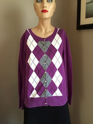 *TAILOR PURPLE/GRAY/WHITE/BLACK ARGYLE PRINT BUTTON FRONT CARDIGAN SZ M  #702