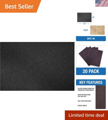60 Grit Floor Sanding Sheets - 12'' x 18'' Silicon Carbide, 20 Count