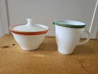 Vtg Pyrex Milk Glass Cream Sugar Coral Red Green Gold Stripe