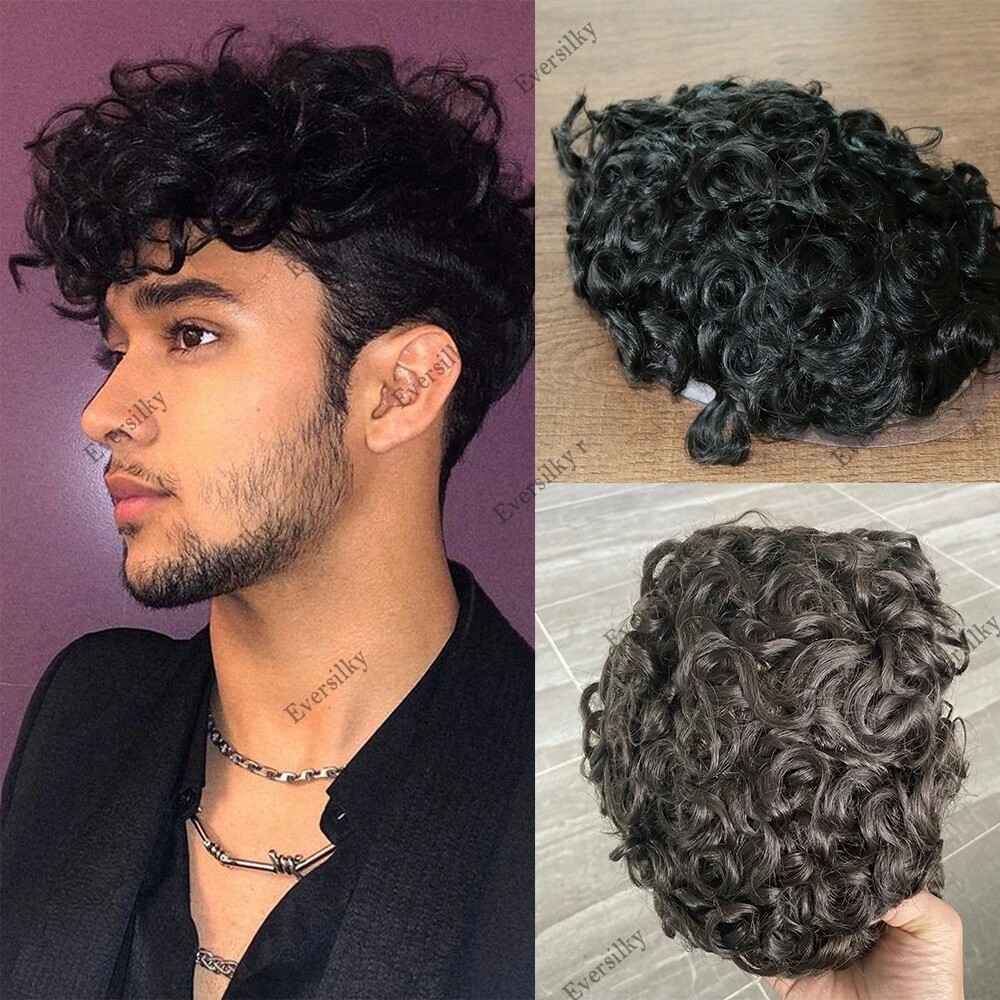 Full Skin Base 20mm Curly Human Hair Men's Toupee Durable