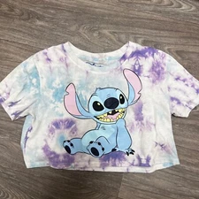 Disney Stitch Tie Dye Crop Top Graphic Tee Short Sleeve Purple Blue M