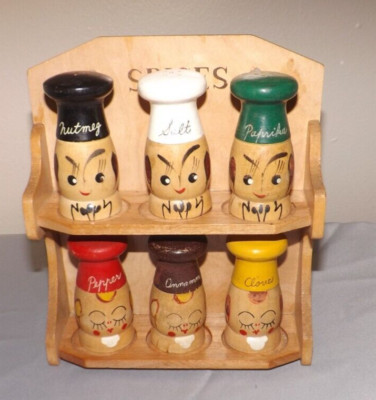 Spice Shakers with Rack Vintage Japan Happy Chefs Wood