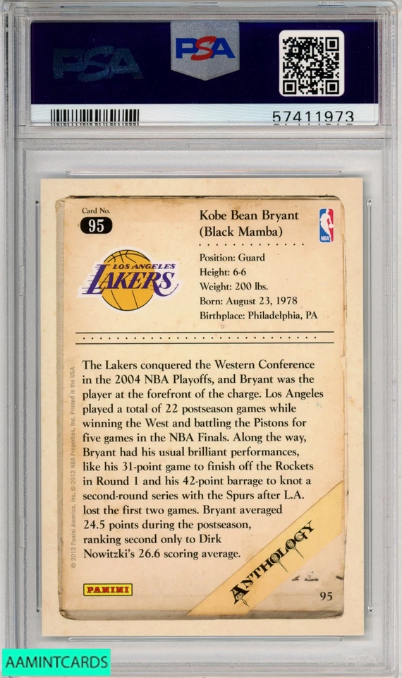 2012 PANINI KOBE BRYANT #95 LOS ANGELES LAKERS HOF KOBE ANTHOLOGY PSA 8 NM-MT - Image 2 of 3