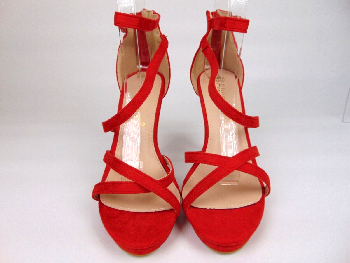 Allegra K Women's Red Suede Stiletto Heels - Ankle Strap Sandals 3.9 Inch Heels