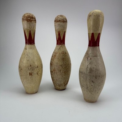 Vintage Wooden Bowling Pins Set of 3 Full Size Carnival Game Pins 16 Inch