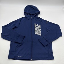 Nike Dri Fit Hoodie Sweater Youth Boys L Blue Logo Pockets Full Zip. 43135