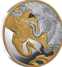 1 $ Dollar Cranes Gold-plated - Kraniche Niue Island 1 oz Silber PP 2025