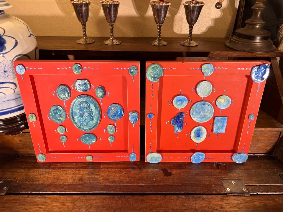 Par de Neoclássico Grand Tour Faux Blue Faiança Intaglio Conjunto em Molduras Pintadas - Imagem 2 de 4