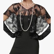 Dressy Sparkly Shawl Beaded Evening Black/Black Cape Bridal Bolero Wedding NWOT