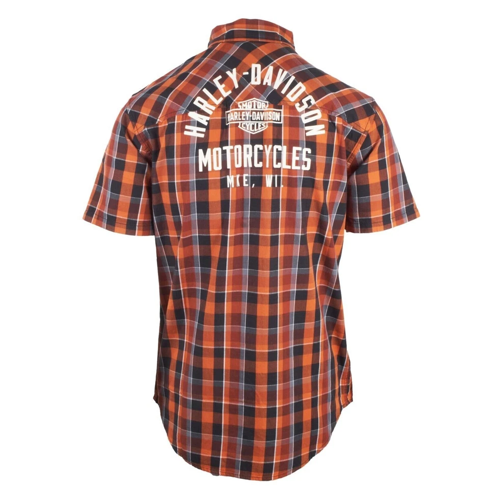 Harley-Davidson Men's Orange Black Plaid MKE S/S Woven Shirt (S45) - Image 4 of 4