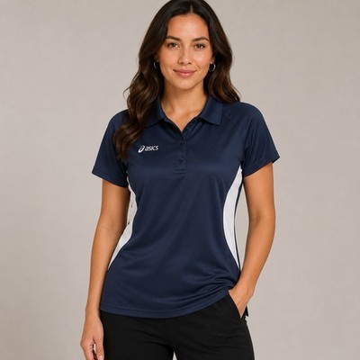 Asics Womens Top Polo Medium Navy Blue Collared Short Sleeve Button Closure