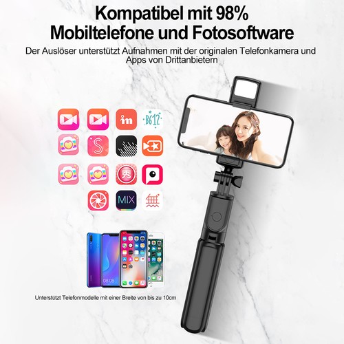 Bluetooth 4.2 Mobile Selfie Stick Stativ mit LED Füllleuchte für iPhone Samsung - Afbeelding 13 van 15