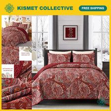 Boho Red Paisley Quilt Set King Size - 3 Piece Bedspread Coverlet Bedding