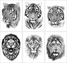 Realistic Black Tiger Lion Temporary Tattoos 6 large waterproof wild beas...