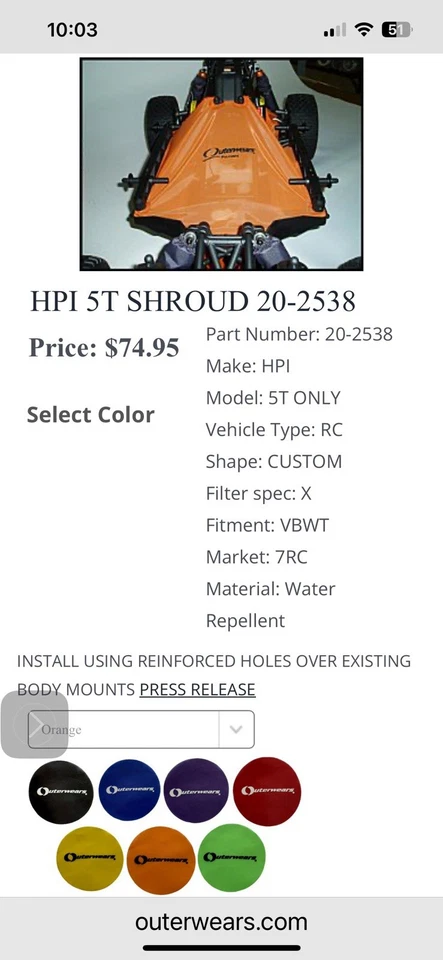 Outerwear Pre Filter Shroud Cover for HPI Baja 5T. 20-2538-05 - Image 2 of 2