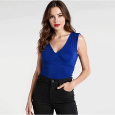 Express Womens Bodysuit Size XS NEW Body Contour Royal Blue V-Neck Ruched Thong