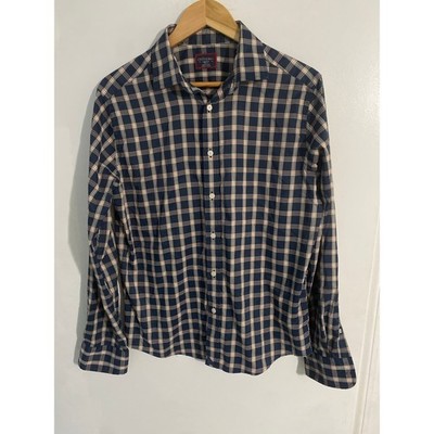 Untuckit Dorin button down shirt men s size M navy blue plaid slim fit classic