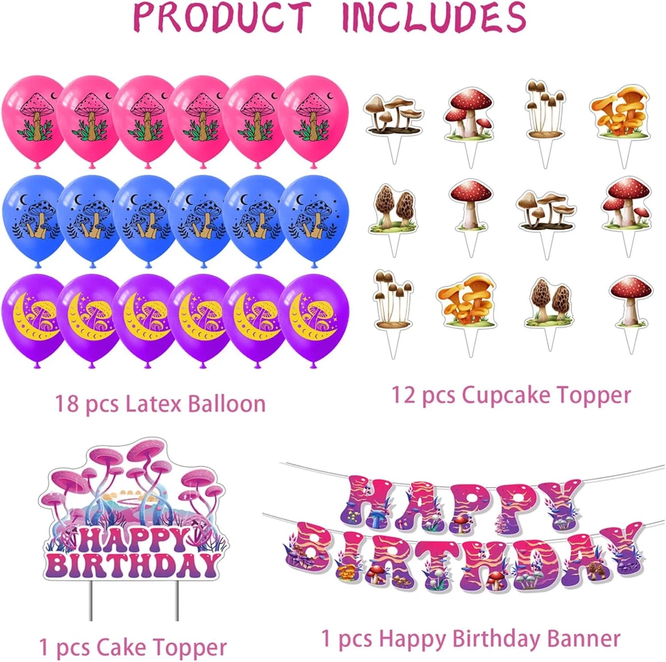 34 Pcs Fantasy Mushroom Birthday Party Decorations Set Jungle Mushroom Party Sup - Image 3 of 4