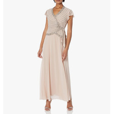 J Kara Women's Faux Wrap Long Beaded Gown W/Flutter Sleeve Bshmer Sz 8 13471