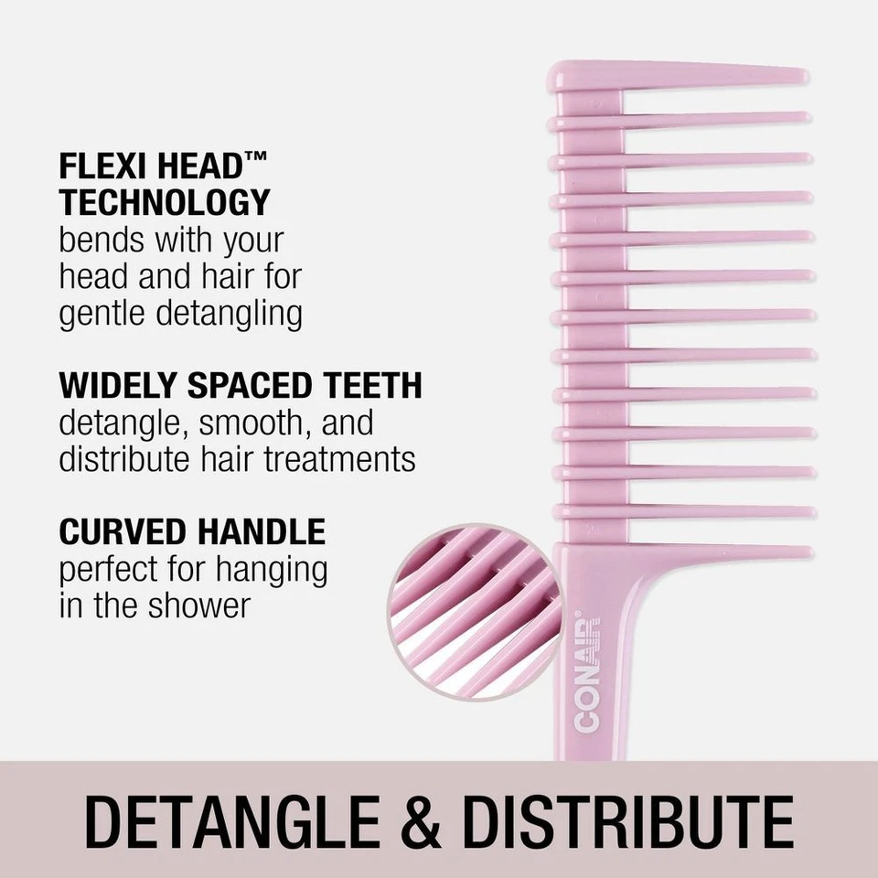 Conair Flexi Head Shower Hair Comb Pink Wide Tooth Detangler for Wet Hair - Image 3 of 4