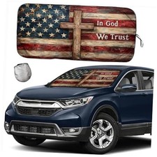  2025 Upgrade  Windshield Sunshade, American Flag with Wooden american cross-A
