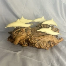 Vintage JOHN PERRY STUDIO Burl Wood Sculpture 7 White Dolphin Pod Driftwood Art