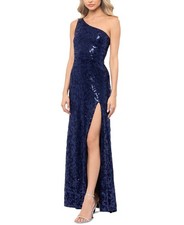 Blondie Nites Juniors' Sequined Lace One-Shoulder Gown - Navy - 11