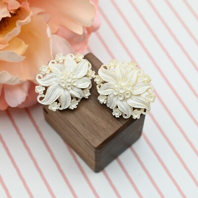 Vintage Deeply Carved Celluloid White Flower Clip Earrings