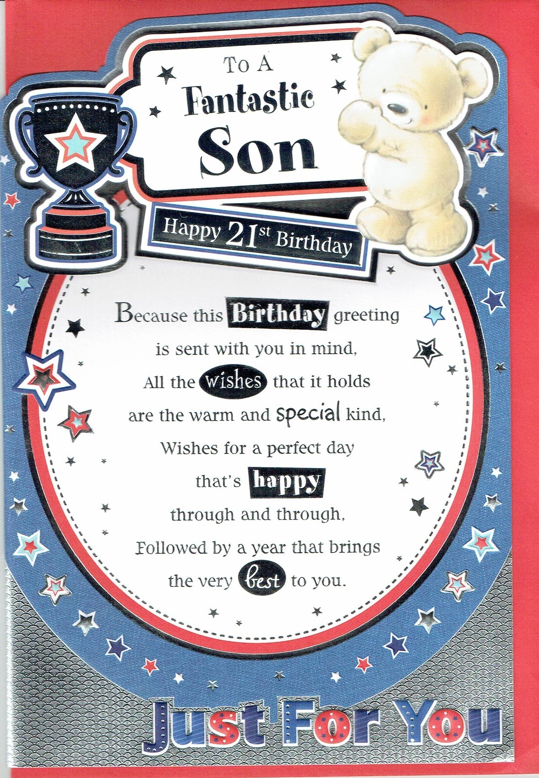 SON 21st BIRTHDAY CARD Age 21 Quality Card Bear and Trophy Design