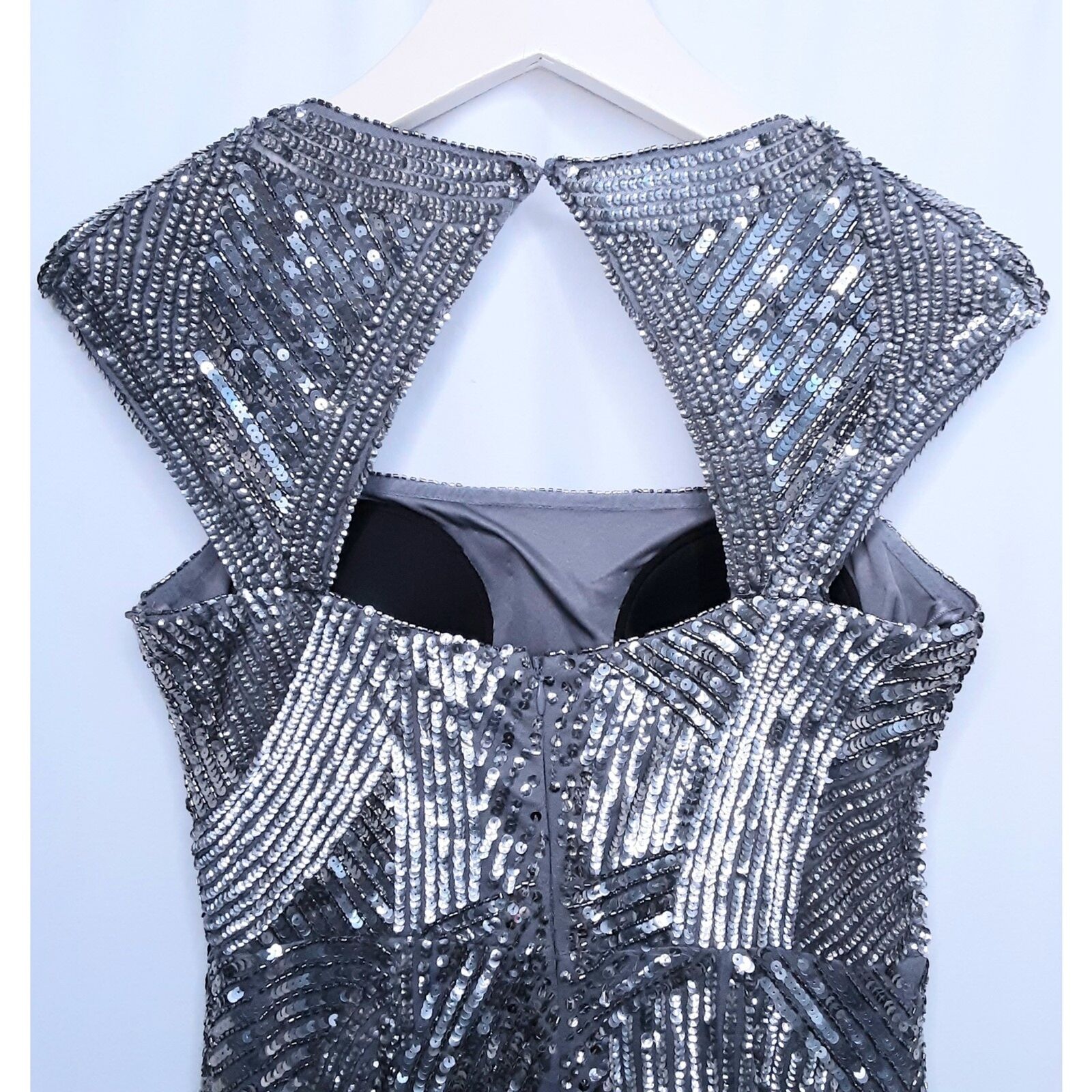 Beaded Evening Gown Retro Art Deco Design Silver … - image 6