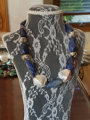 Stunning handmade necklace, lapis lazuli nuggets and decorative silver beads