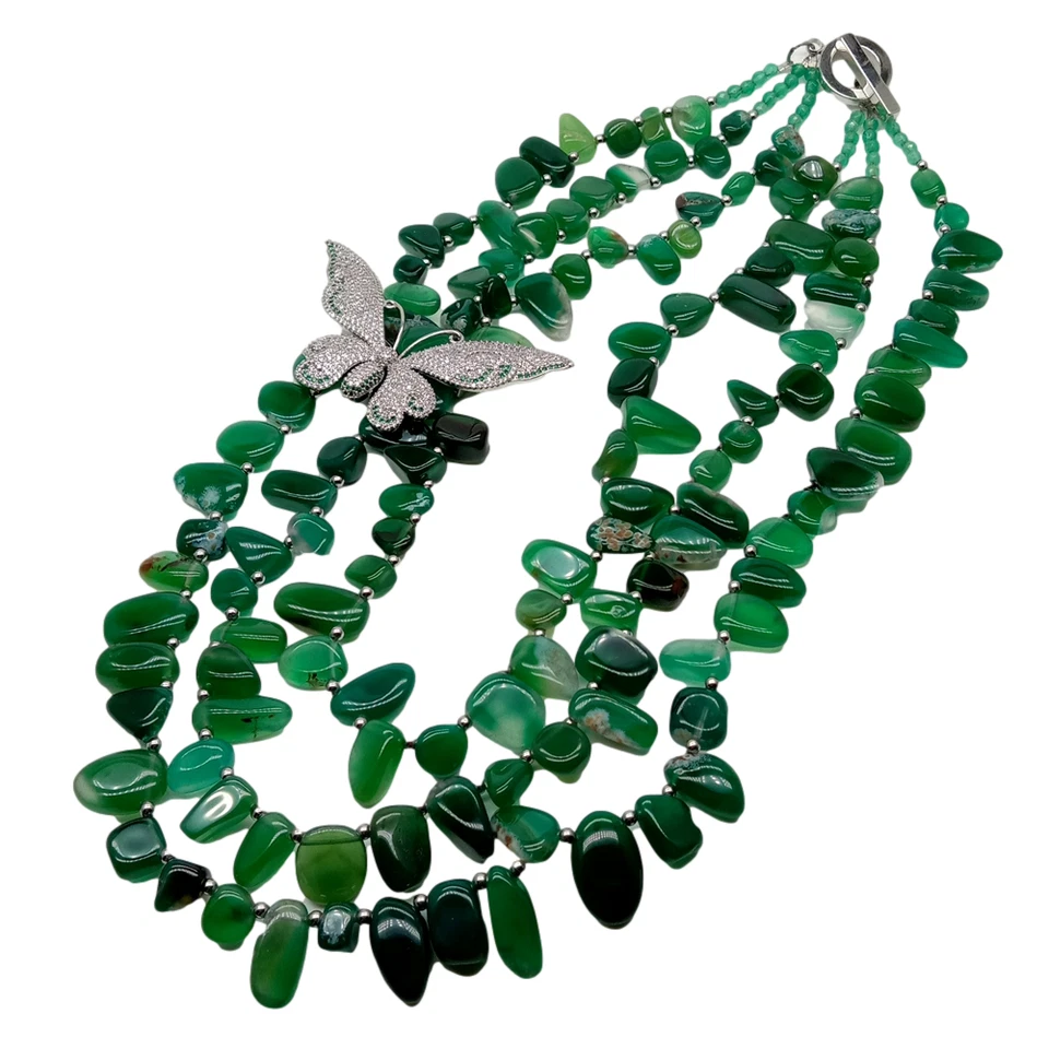 20" 3 Strands Green Agate Cubic Zirconia Pave Butterfly Necklace - Image 4 of 4